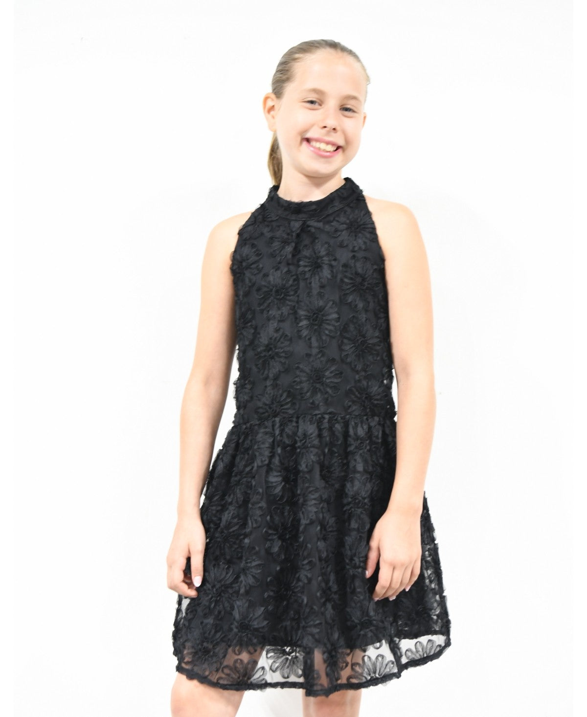 Pink & Violet Big Girls All Over Soutache Mesh U-Neck Dress - Black 12