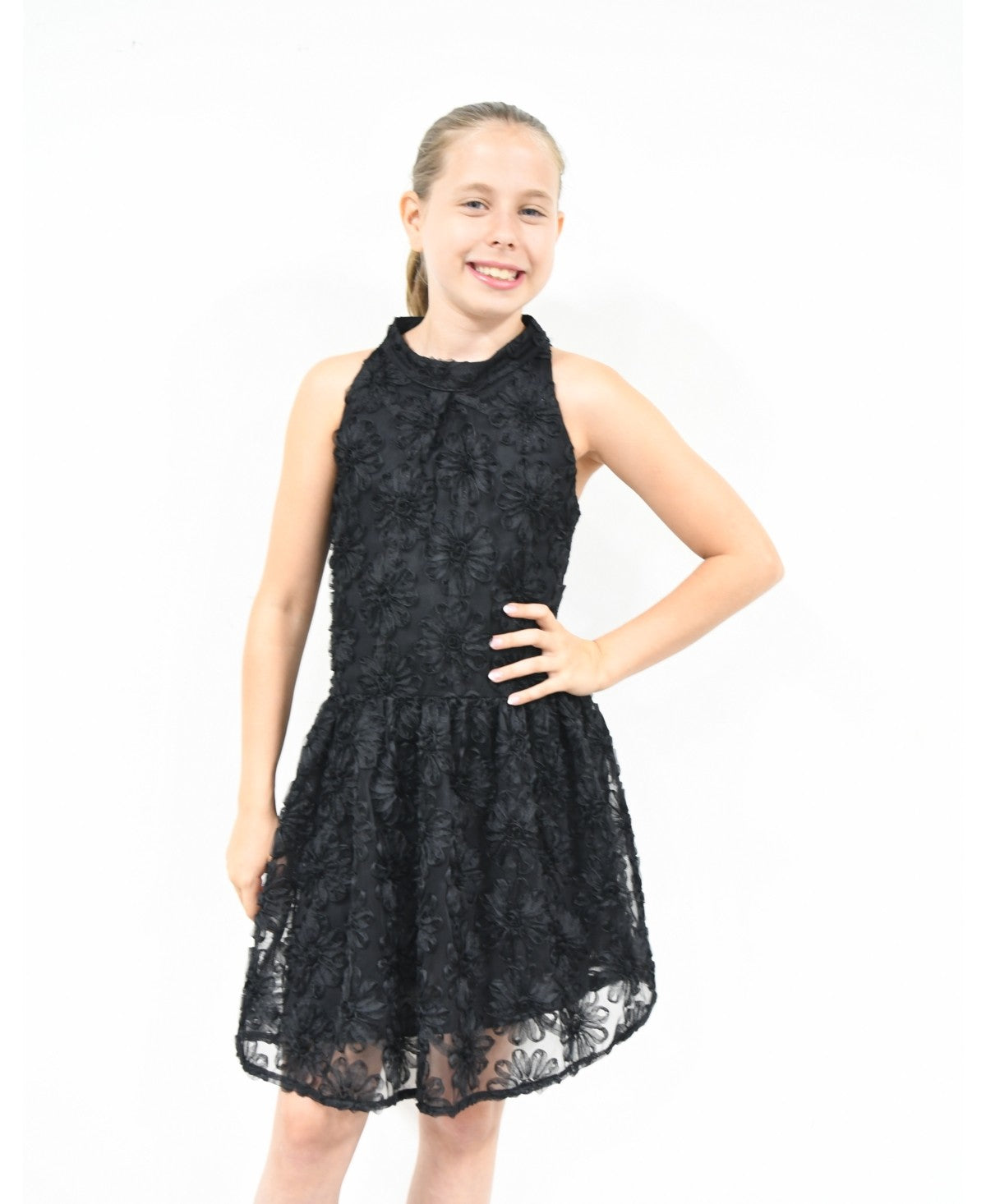 Pink & Violet Big Girls All Over Soutache Mesh U-Neck Dress - Black 12