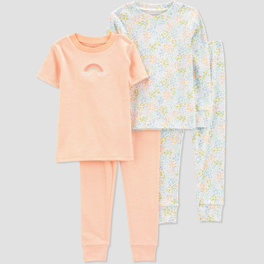 Carter's Just One You Toddler Girls' 4pc Cotton Rainbow and Floral Pajama Set - Green/Coral Orange 12M
