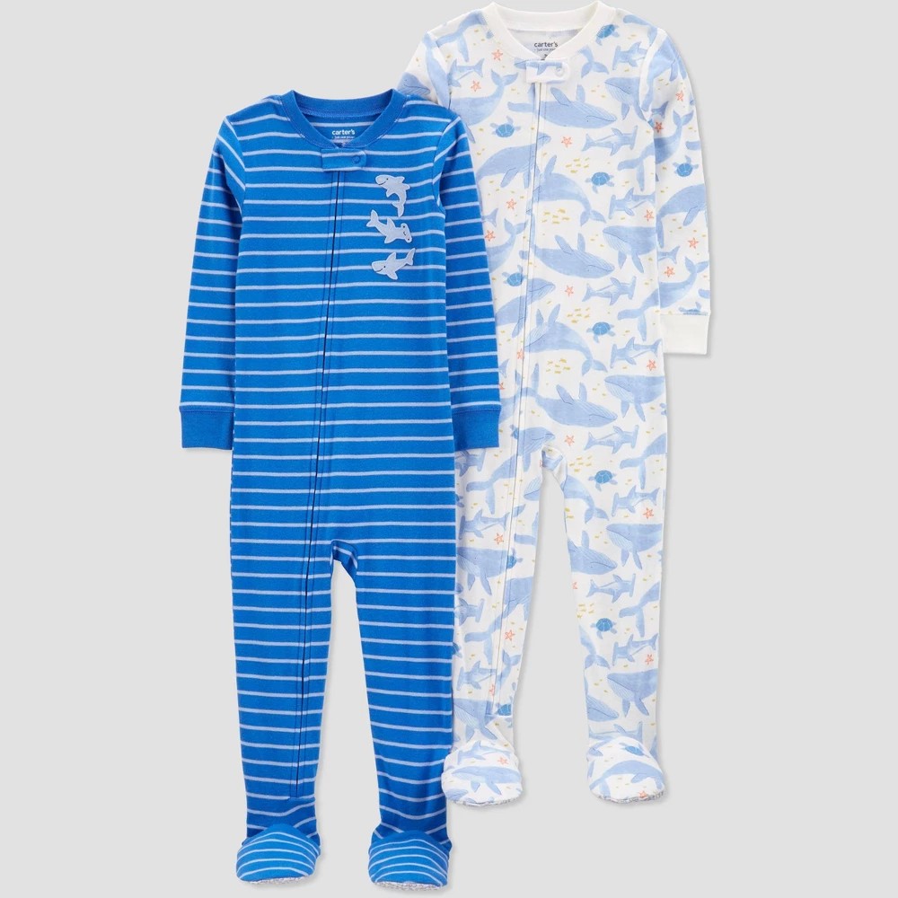 Carter's Just One You Toddler Boys' 2pk Snug Fit Cotton Whales and Striped Footed Pajama - White/Blue 18M