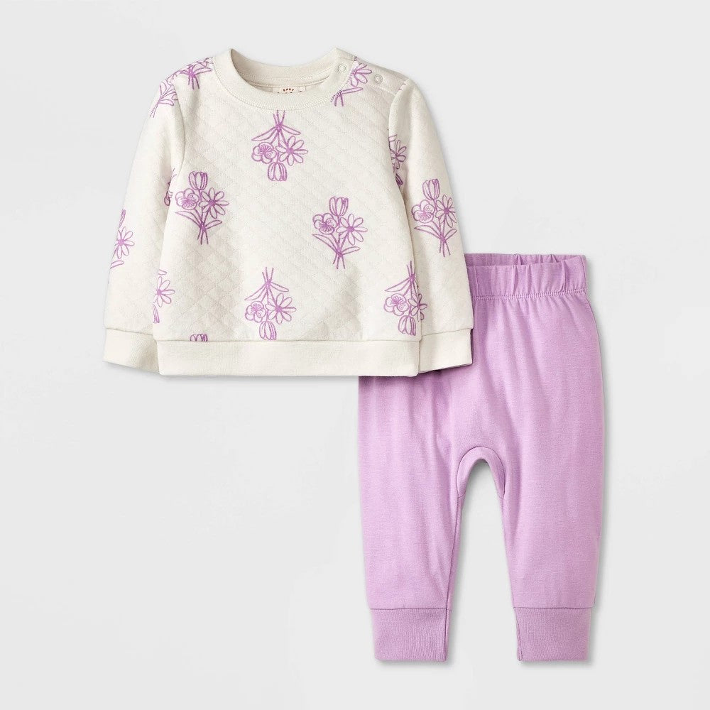 Baby Girls' Quilted Top & Bottom Set - Cat & Jack Off-White/Purple 0-3M