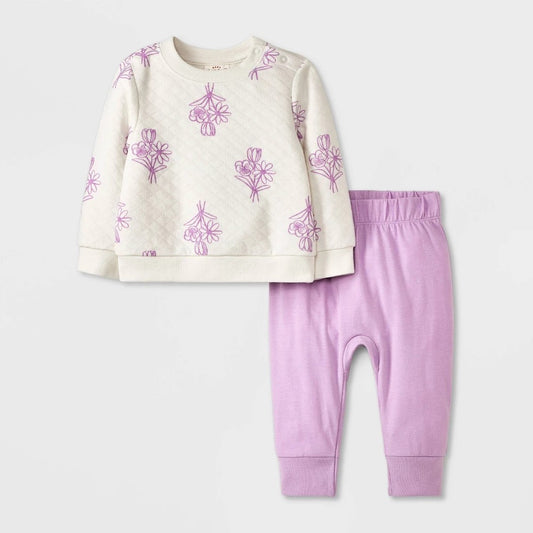 Baby Girls' Quilted Top & Bottom Set - Cat & Jack Off-White/Purple 0-3M