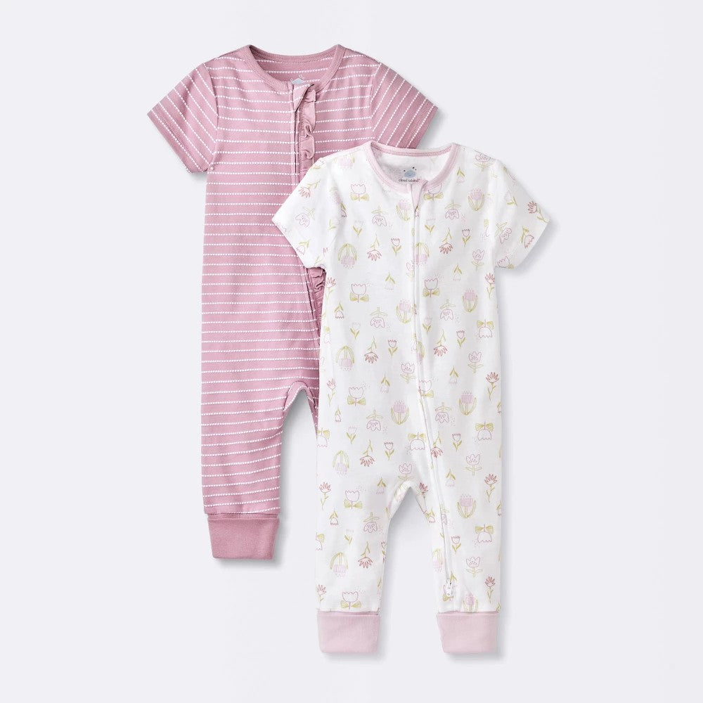 Cloud Island Floral Romper 2-Pack, Pink, 0-3M Cotton Long Sleeve girl