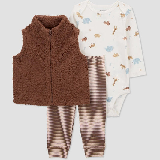 Carter's Just One You® Baby Boys' Safari Vest - Brown 3M: 3-Piece Set with Jungle Animal Pattern, Includes Bodysuit & Pants
