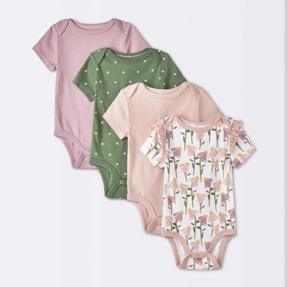 Baby 4pk Floral Short Sleeve Cotton Bodysuit - Cloud Island™ Pink Newborn: Lap Shoulder, Crotch Snap
