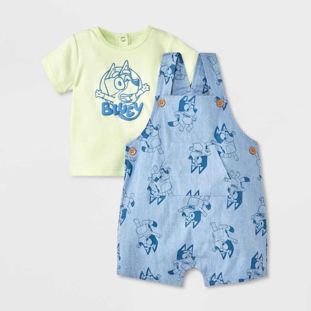 Bluey Toddler Boys' 2pc Chambray Overalls Set - 12M Blue/Green