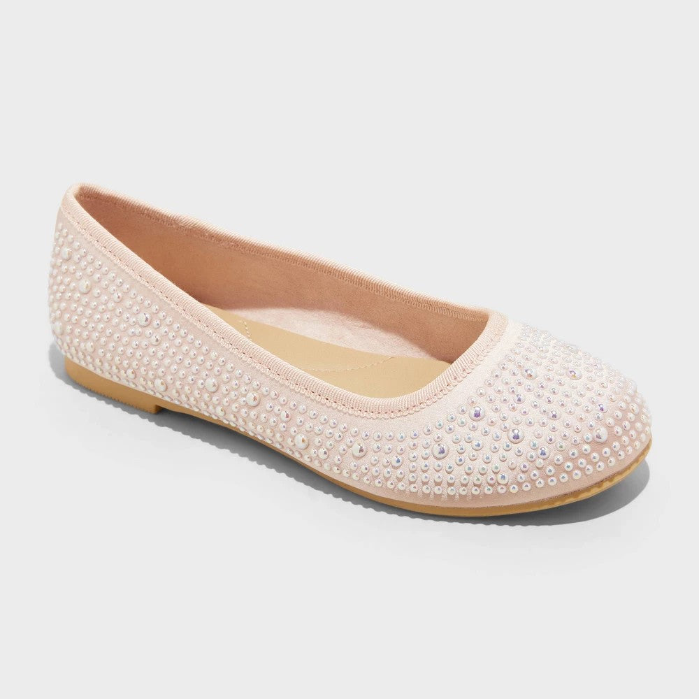 Kids' Lisa Embellished Pearl Ballet Flats - Cat & Jack™ Blush Pink 5: Memory Foam Insole, Slip-on - Girl