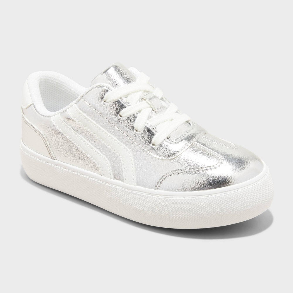 Kids' Coco Platform Court Sneakers - Cat & Jack™ Silver 3: Lace-up, Padded Collar, Flocked Outsole, Closed Round Toe - Girl