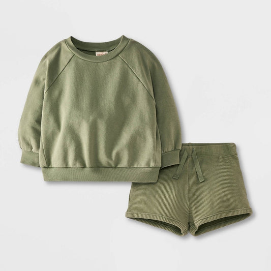 Cat & Jack Baby Waffle Sweatshirt & Shorts Set, Green 18M boys
