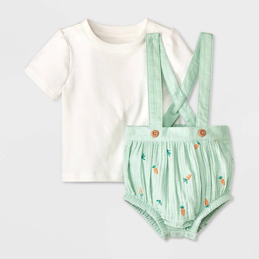Baby Boys' Bunny Bubble Overalls Set - Cat & Jack™ Cream 6-9M: Adjustable Strap, Back Elastic, Cotton Blend, Crotch Snap