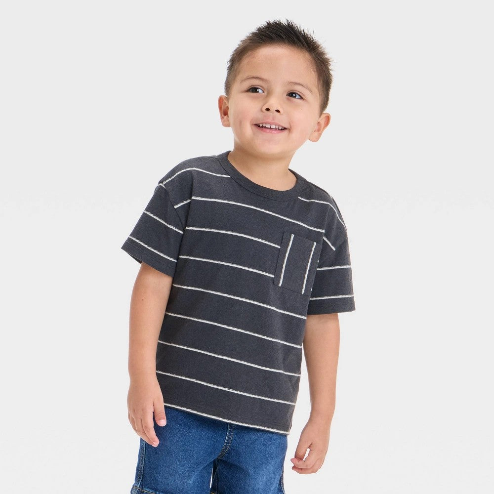 Toddler Boys' Short Sleeve Striped T-Shirt - Cat & Jack™ Charcoal Gray/Cream 18M: Cotton Blend, Recycled Polyester, Crew Neck
