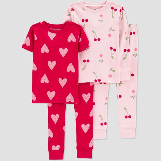 Carter's Just One You Toddler Girls' 4pc Cotton Cherries and Hearts Pajama Set - Pink/Red 3T: Crew Neck, Long & Short Sleeve