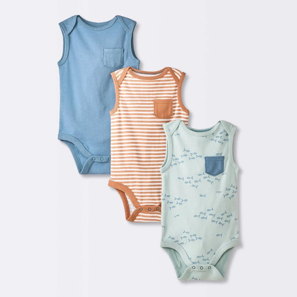 Baby Boys' 3pk Sleeveless Pocket Bodysuit - Cloud Island™ Blue 18M: Cotton, Stripe & Fish Patterns, Crotch Snap Closure