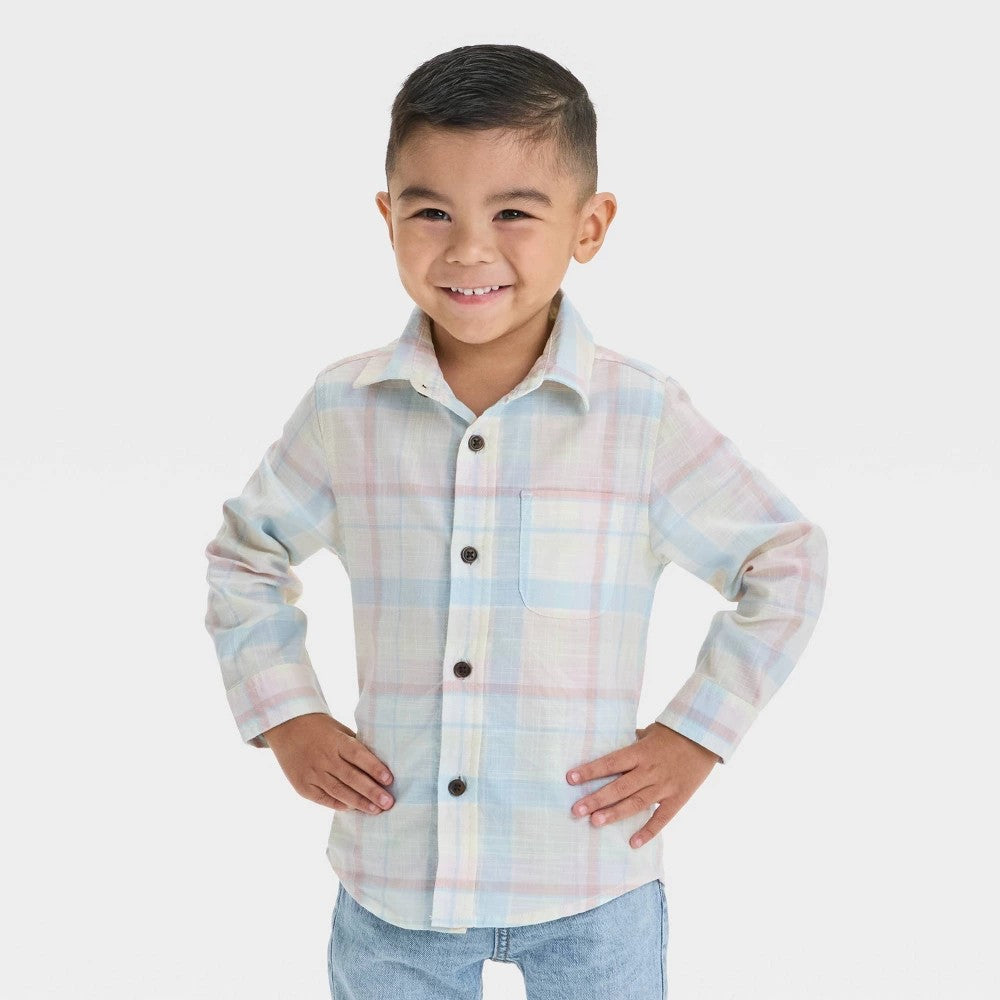 Toddler Boys' Long Sleeve Poplin Button-up Shirt - Cat & Jack Blue 18M