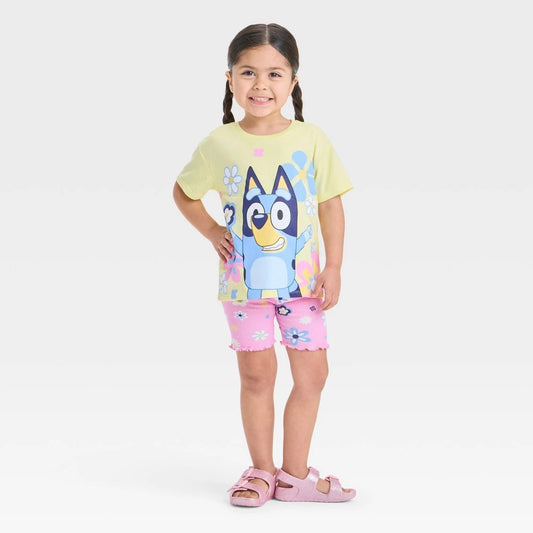 Toddler Girls' 2pc Bluey Floral T-Shirt & Biker Shorts Set - Yellow 3T