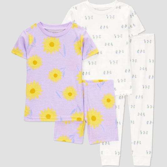 Carter's Just One You® Toddler Girls' 4pc Cotton Floral Snug Fit Pajama Set - Yellow/Purple 12M: Crew Neck, Elastic Waistband
