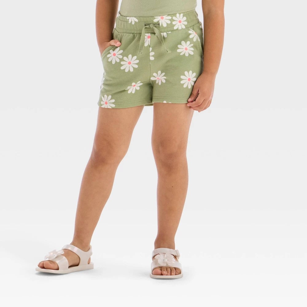 Toddler Girls' Daisy Floral Knit Shorts - Cat & Jack™ Light Olive 2T: Mid Rise, Pull-on Style