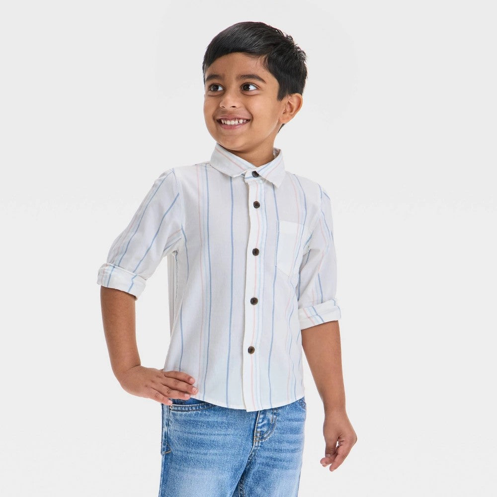Toddler Boys' Long Sleeve Vertical Striped Woven T-Shirt - Cat & Jack™ Almond 5T: Cotton Poplin, Button Down