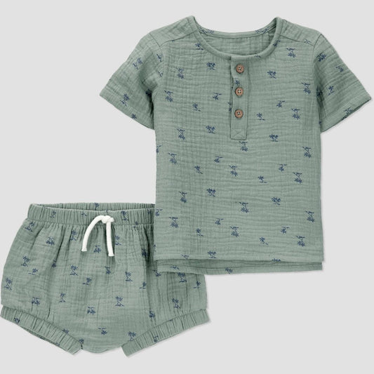 Carter's Just One You® Baby Boys' Gauze Scenic Top & Bottom Set - Green 9M: Cotton T-Shirt & Pull-on Shorts, Landscape Pattern