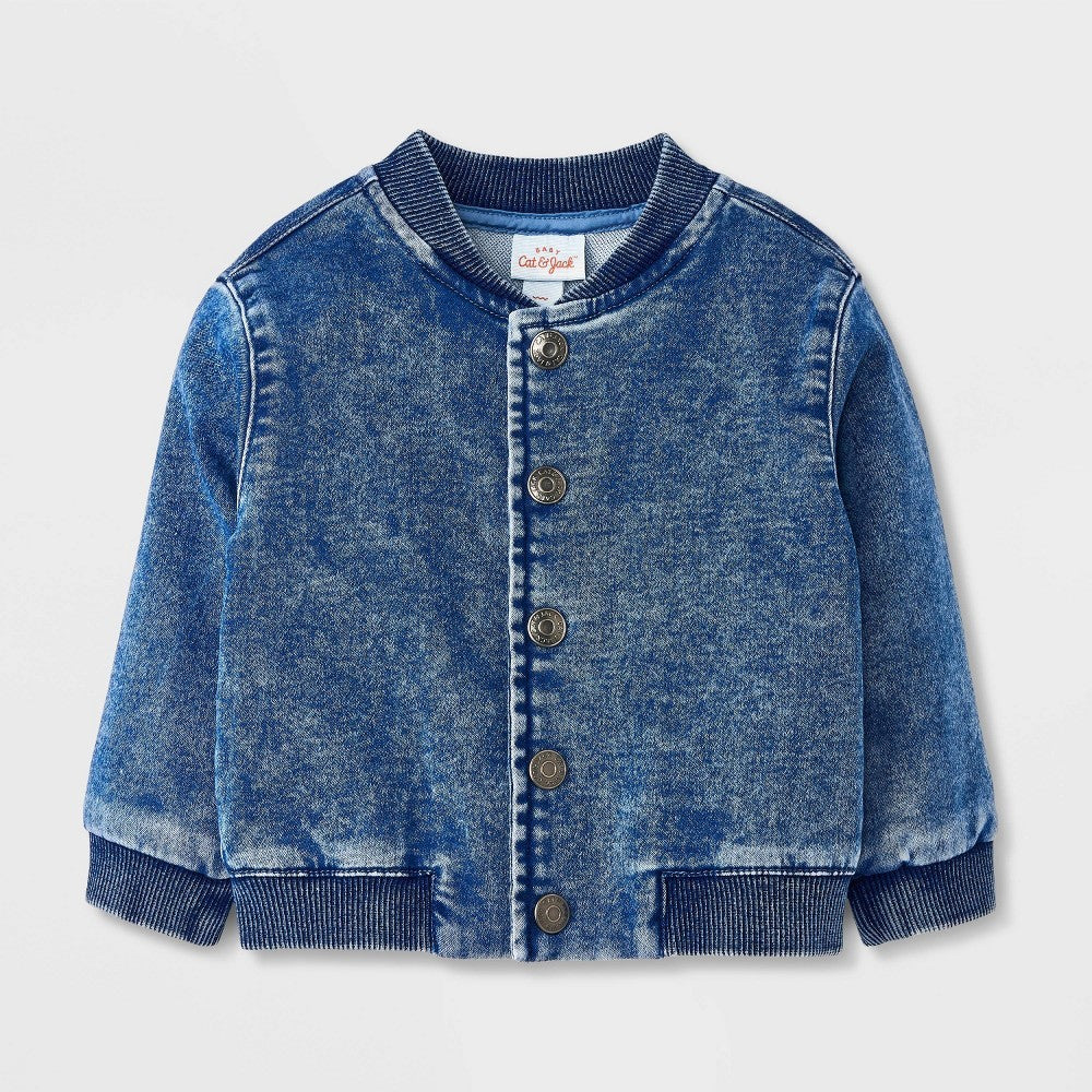 Baby Denim Bomber Jacket - Cat & Jack™ Medium Wash 3-6M: Cotton Blend, Recycled Polyester, Spandex, Snap Closure