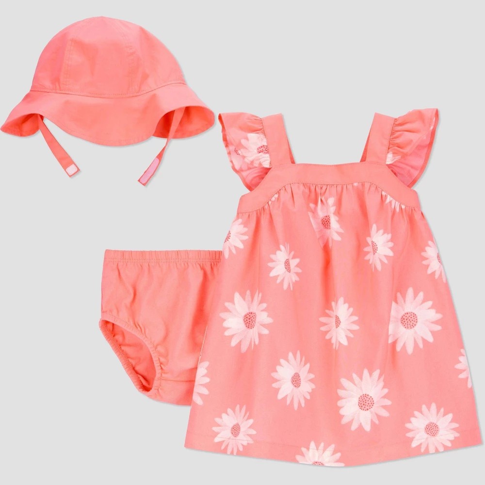 Carter's  Baby Girls' Coral Floral Dress with Hat Set - White Newborn
