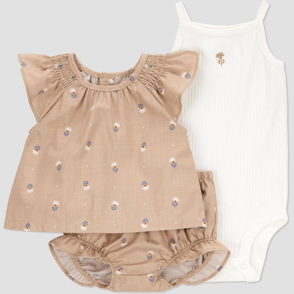 Carter's Just One You® Baby Floral 3pc Top & Bottom Set - Brown/White 9M: Cotton Tunic, Bodysuit, Diaper Cover