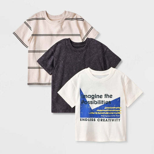 Grayson Mini Toddler Boys' 3pk Short Sleeve T-Shirt - 2T: Cotton-Polyester Blend, Classic Stripe & Typography Patterns, Jersey Fabric