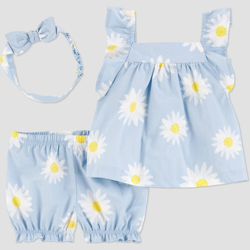 Carter's Just One You Baby Girls' Floral 3pc Top & Bottom Set with Headband - Yellow/White 6M