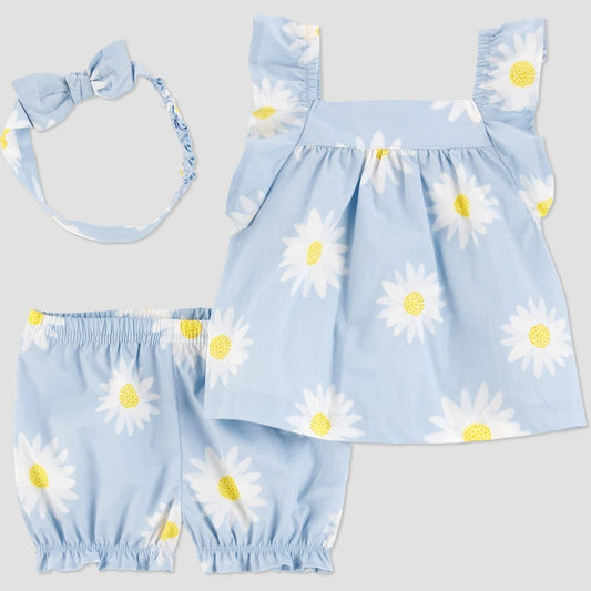 Carter's Just One You Baby Girls' Floral 3pc Top & Bottom Set with Headband - Yellow/White 6M
