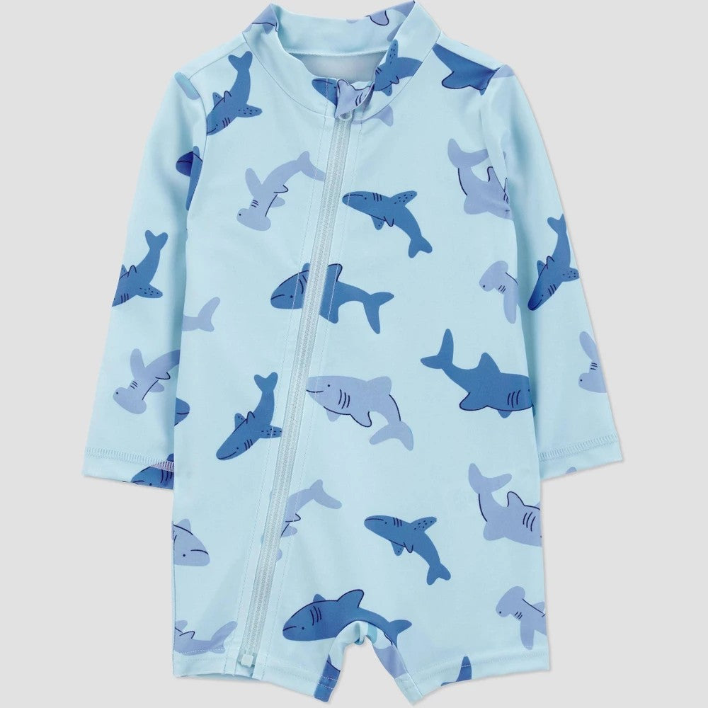Carter's Just One You® Baby Boys' Long Sleeve Sharks Printed One Piece Rash Guard - Light Blue 3M: UPF 50+, Elastic, Full Zipper