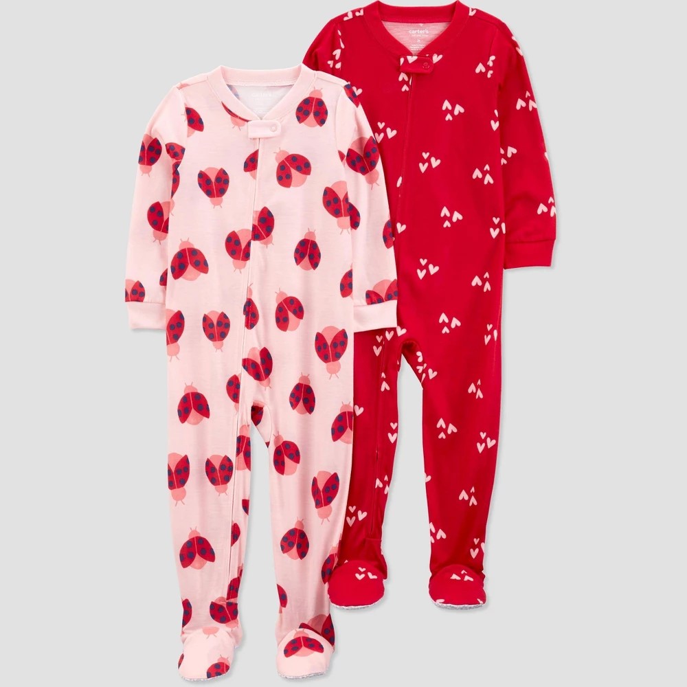 Carter's  Girls' 2pk Footed Pajamas - Pink/Red 12M