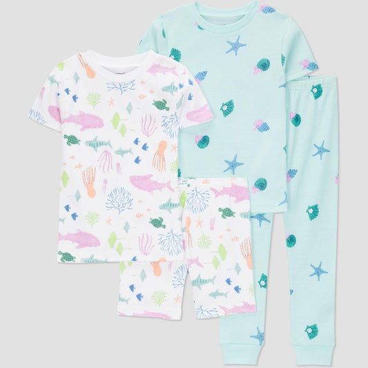 Carter's Just One You Toddler Girls' 4pc Cotton Seashells Snug Fit Pajama Set - Blue 2T