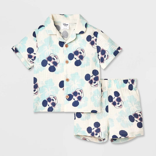 Baby Boys' 2pc Disney Mickey Mouse Woven Gauze Button-up Top & Shorts Set - Blue 6-9M