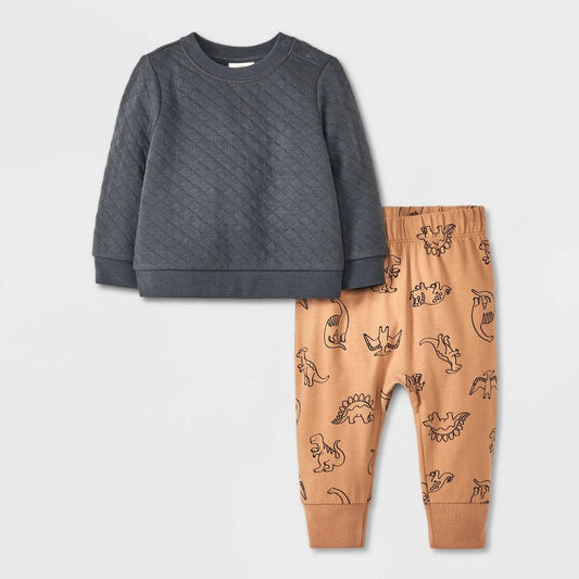 Baby Boys' Quilted Top & Bottom Set - Cat & Jack Tan/Gray 0-3M: Heavyweight Fabric, Dinosaur Pattern, Long Sleeve Pullover