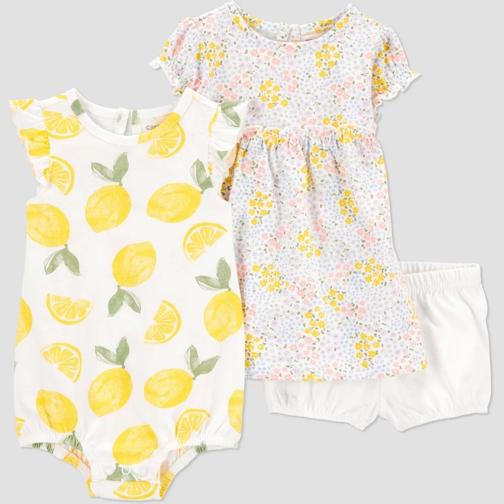 Carter's Baby Girls' 3pc Lemon Dress Set - Newborn Yellow