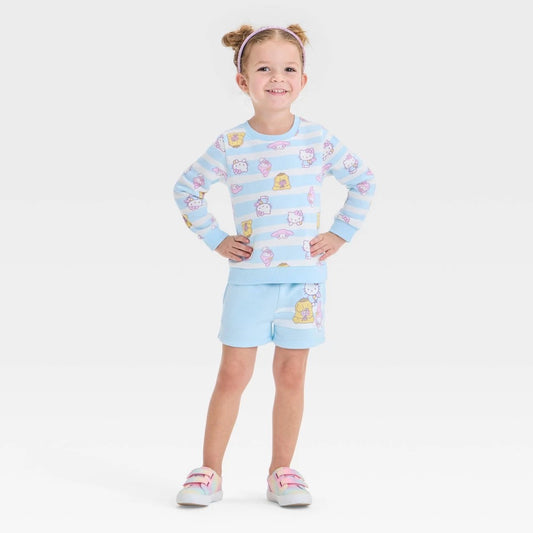 Toddler Girls' 2pc Hello Kitty Striped Fleece Pullover Top & Shorts Set - Blue 2T