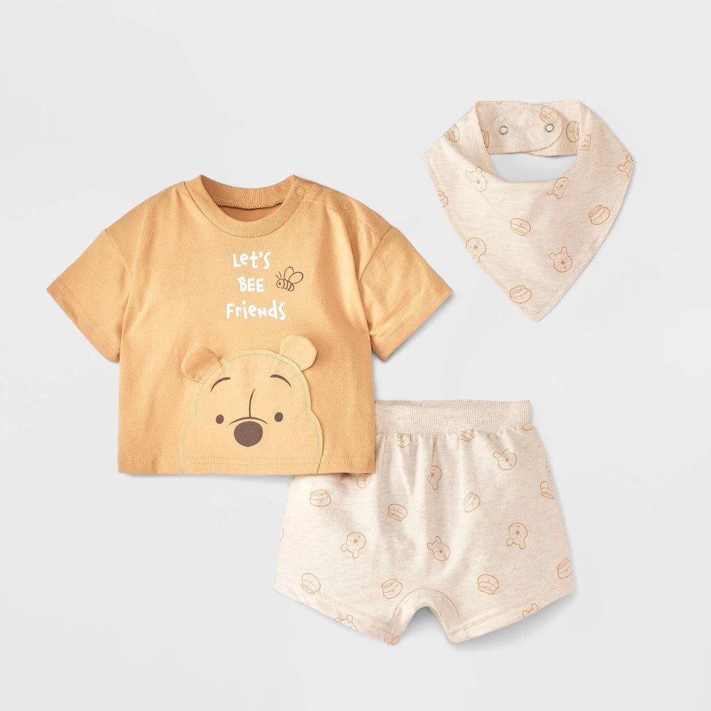 Baby 3pc Disney Winnie the Pooh Short Sleeve Top & Shorts Set with Bib - Light Orange 6-9M