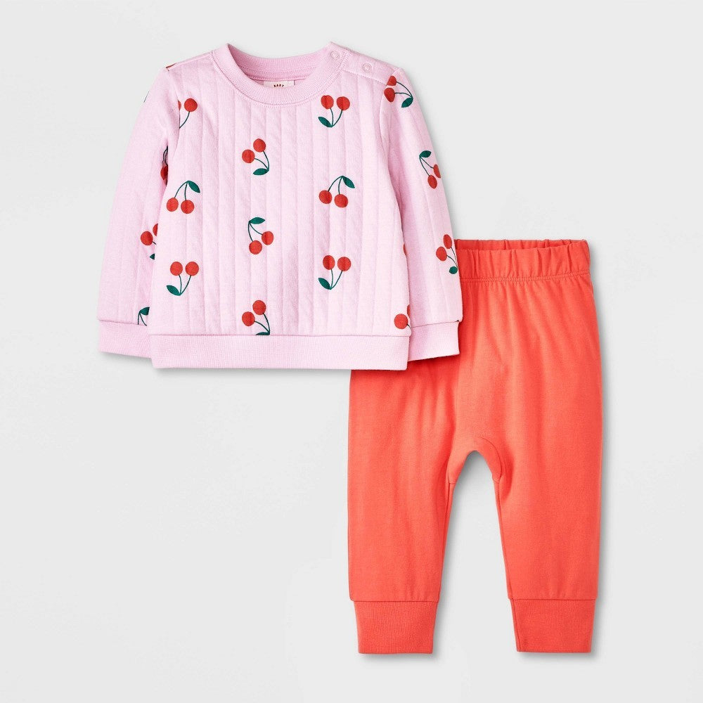 Baby Girls' Quilted Top & Bottom Set - Cat & Jack Pink 0-3M: Heavyweight Fabric, Long Sleeve Sweatshirt, Ankle Jogger Pant