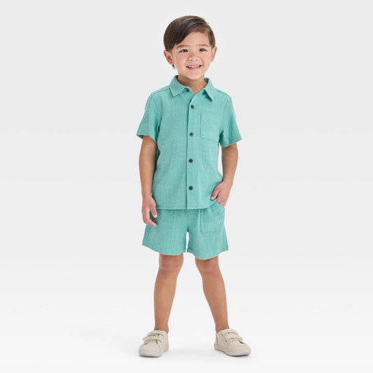 Toddler Boys' Seersucker Short Sleeve Button-up and Pull-on Shorts Set - Cat & Jack™ Light Mint Green 2T: Front Placket