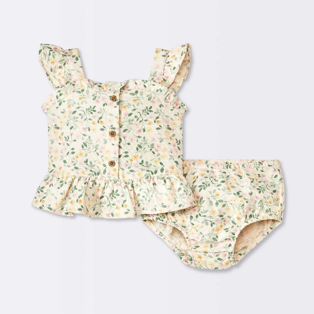 Baby Girls' Floral Peplum Top & Bloomer Set - Cloud Island Cream Newborn: Cotton Blend, Botanical Pattern, Elastic Waistband