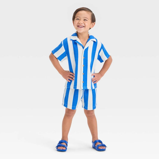 Grayson Mini Toddler Boys' Short Sleeve Vertical Striped Thermal Knit Shirt and Shorts Set - Blue 3T