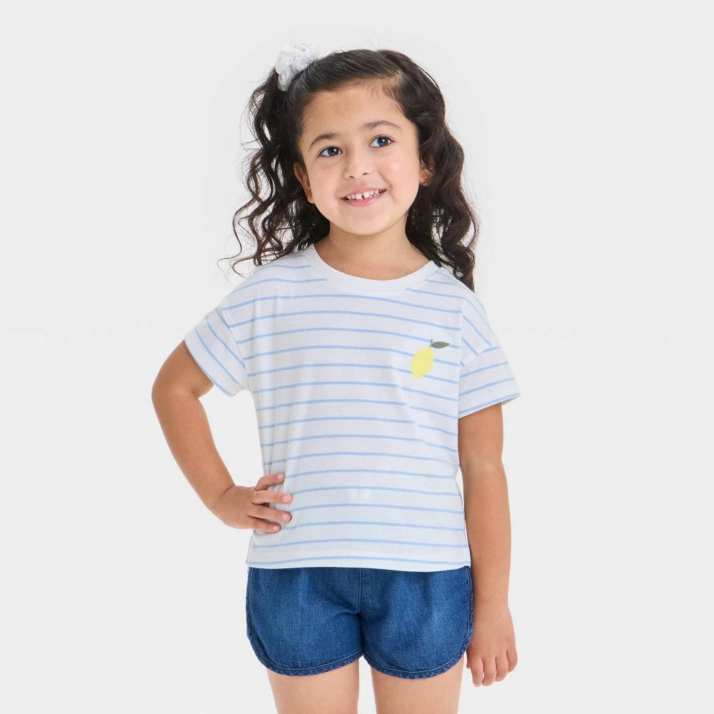 Cat & Jack Toddler Girls' Lemon Striped T-Shirt 18M Light Blue
