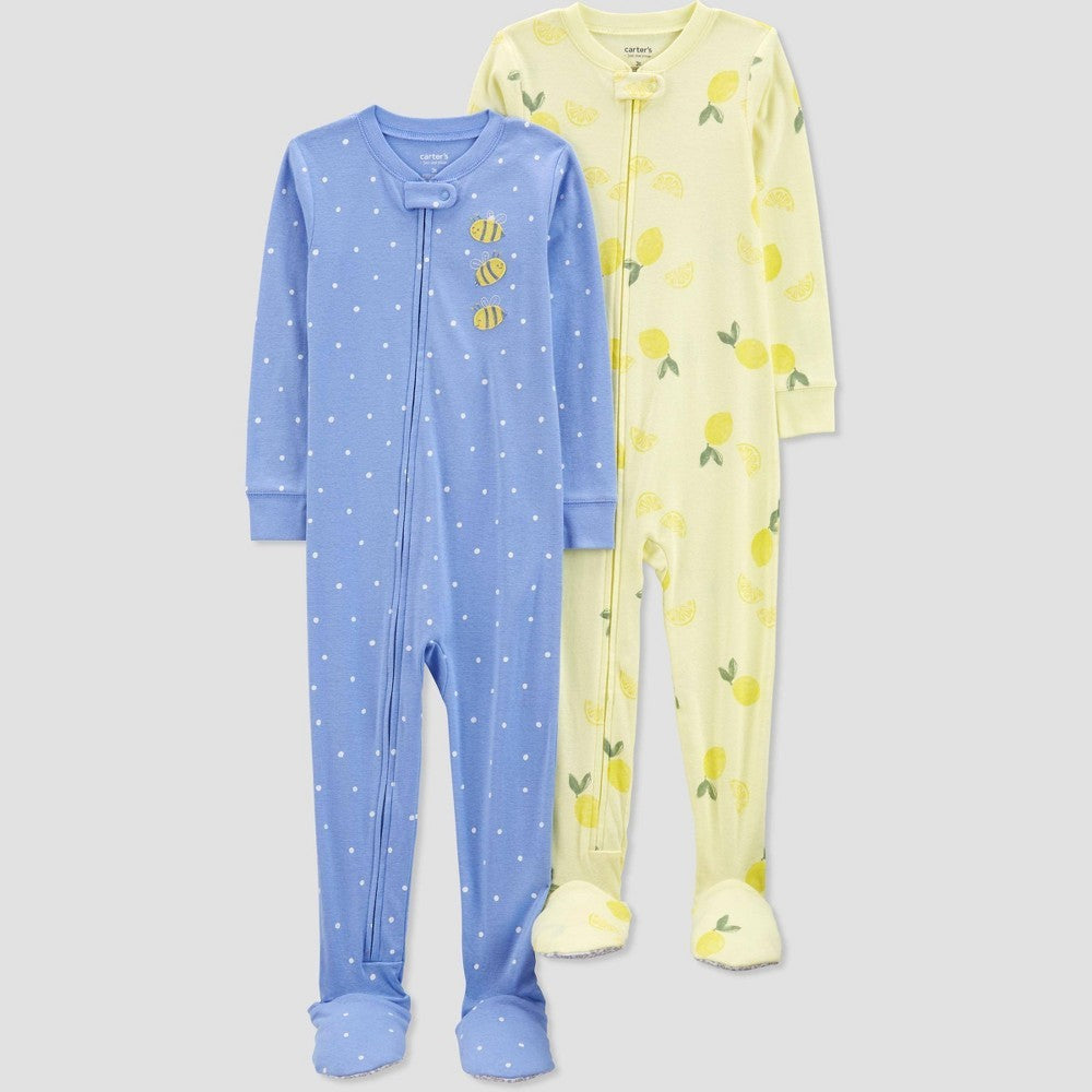 Carter's Just One You Toddler Girls' 2pk Snug Fit Cotton Lemons and Bees Footed Pajama - Yellow/Blue 2T: Long Sleeve, Crew Neck