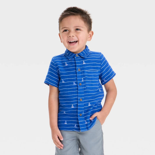 Toddler Boys' Sailboat Printed Gauze Woven Shirt - Cat & Jack™ Blue 4T: 100% Cotton, Lightweight, Front Pocket, Button Down