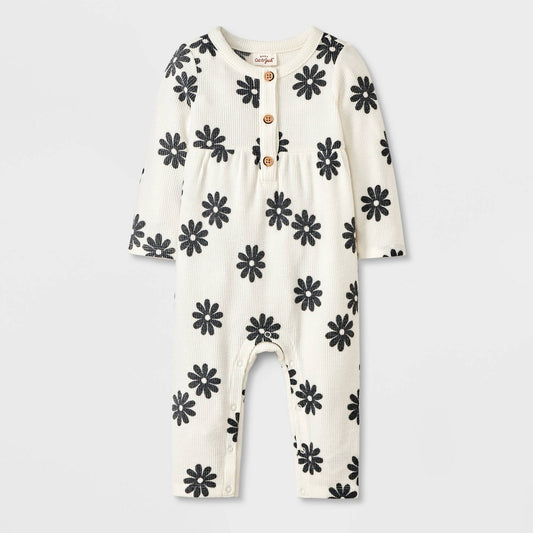 Baby Floral Waffle Romper Lightweight Long-Sleeve Crew Neck Stretch Fabric