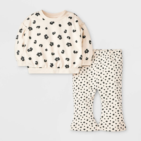 Baby Girls' French Terry Top & Bottom Set - Cat & Jack Black/White/Cream Newborn: Midweight Knit, Pullover Sweatshirt