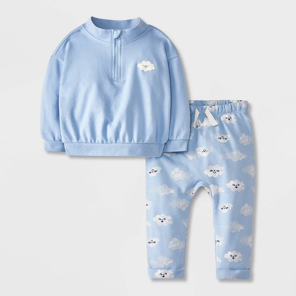 Baby Boys' French Terry Top & Bottom Set - Cat & Jack™ Light Blue 0-3M: Midweight Knit, Cotton Blend, Long Sleeve, Elastic Waistband