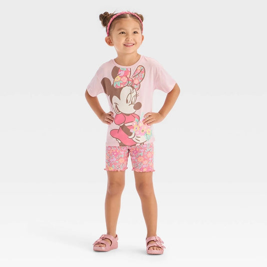 Toddler Girls' 2pk Disney Minnie Mouse Floral T-Shirt & Biker Shorts Set - Pink 2T