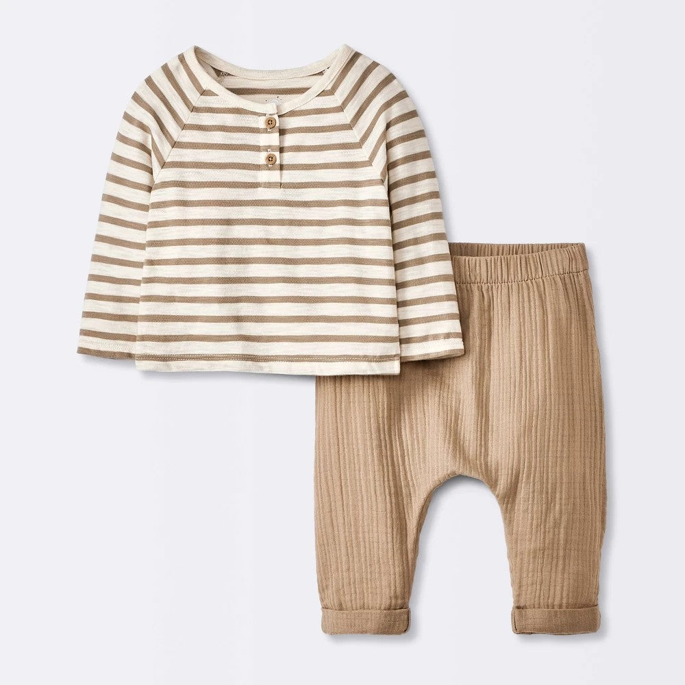 Baby Boys' Striped Jersey T-Shirt & Pants Set - Cloud Island™ Brown 0-3M: Midweight Fabric, Front Button, Elastic Waistband