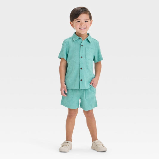 Toddler Boys' Seersucker Short Sleeve Button-up and Pull-on Shorts Set - Cat & Jack™ Light Mint Green 18M: Cotton Viscose Blend